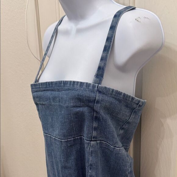 Lux Blue Denim Mini Dress Adjustable Straps Size 10 Square Neck Slit Back - Picture 5 of 12